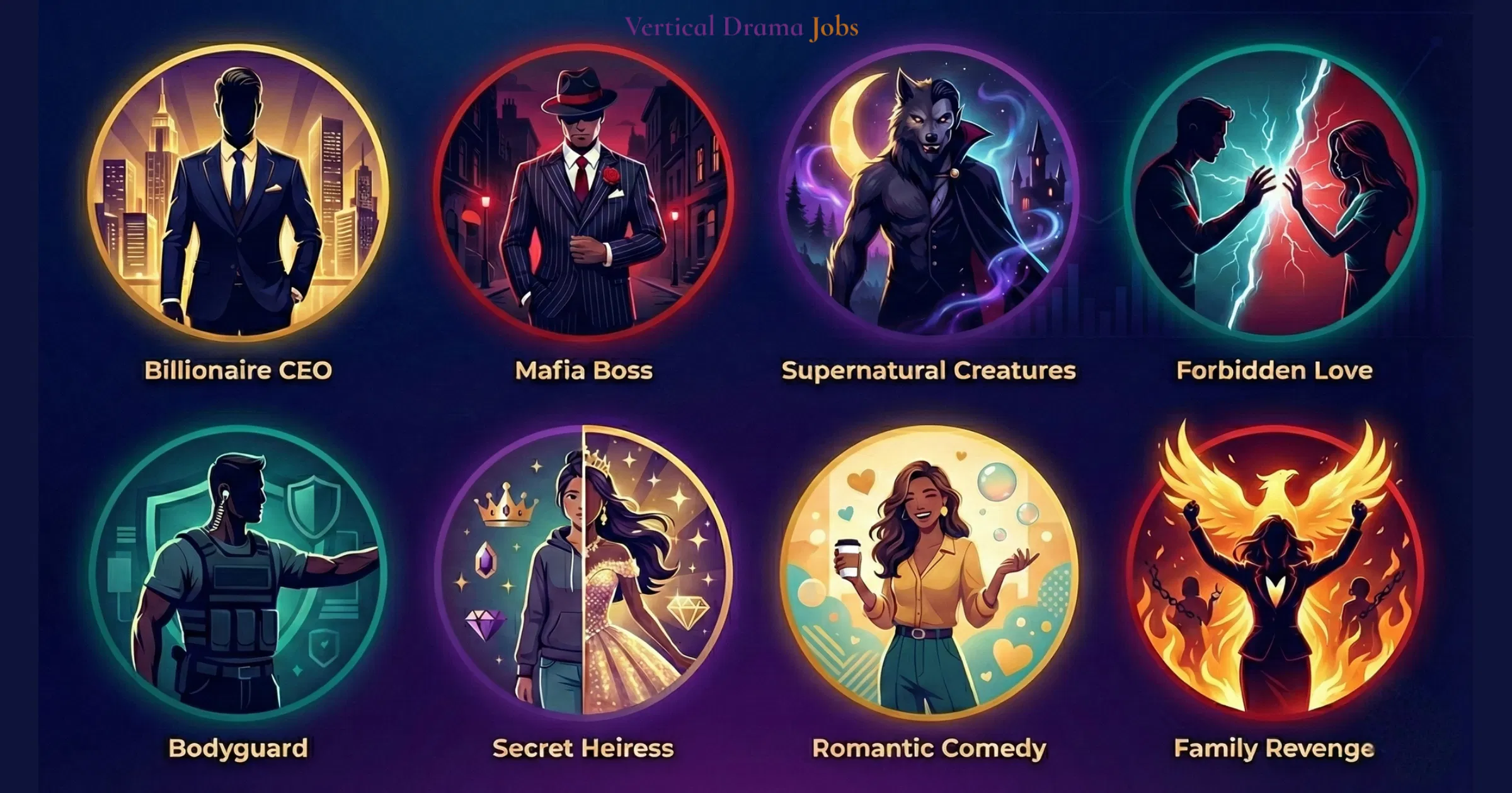 Popular vertical drama tropes including Billionaire CEO, Mafia Boss, Supernatural Creatures, Forbidden Love, Bodyguard, Secret Heiress, Romantic Comedy, and Family Revenge